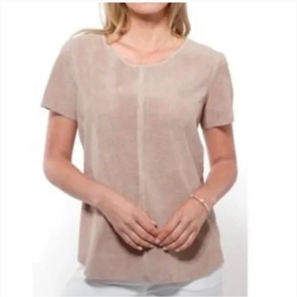 Ecru Top Blouse Perforated Suede Zip Shoulder Short Sleeve Tan Size Medium